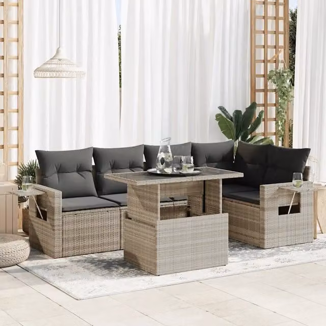 Set Divano da Giardino a L vidaXL 6 Pezzi con Cuscini Grigio Chiaro in Polyrattan e Acciaio – 1