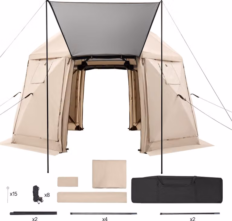 SucceBuy padiglione pop-up 3,6 x 3,6 m, tenda da campeggio sferica a 13 lati con tetto rimovibile e borsa per il trasporto, ventilazione a 360° e protezione solare, tenda per 8-10 persone, Beige