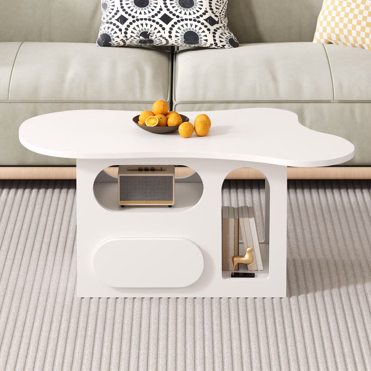 Tavolino da salotto a forma di nuvola con cassetti e ripiani aperti GL Store, Bianco, L: 97 cm, P: 45 cm, H: 43,5 cm – 2