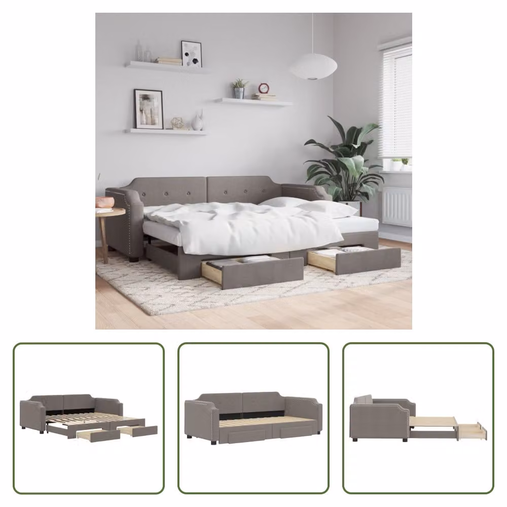 The Living Store Letto allungabile con cassetti Taupe 100x200 cm tessuto