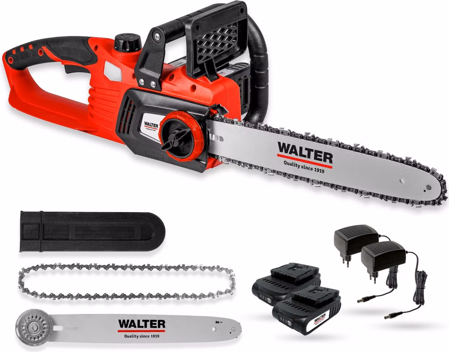 Motosega a batteria WALTER Li-Ion 40 V Brushless incl. 2x batteria 2 Ah, 2x caricabatterie