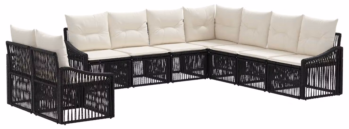 Set da giardino composto da 9 pezzi, colore nero, realizzato in rattan sintetico