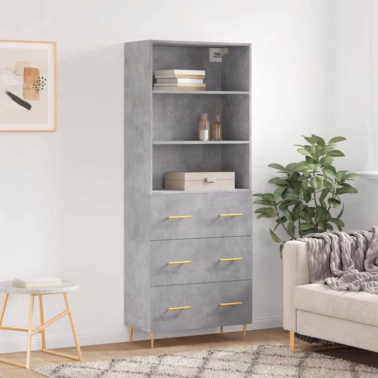 Credenza moderna vidaXL in legno e metallo, colore grigio cemento, L: 69,5 cm, P: 34 cm, H: 180 cm