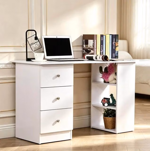 Scrivania da lavoro bianca con 3 cassetti e 2 ripiani, 120x49x72 cm