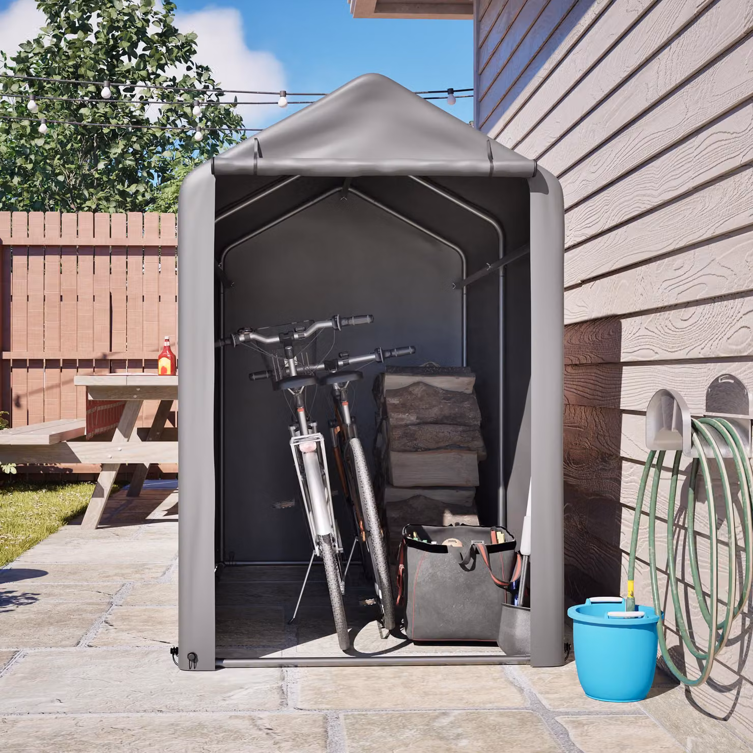 Garage per biciclette 187x100x160, struttura in acciaio, telo resistente alle intemperie, telo in polietilene, adatta per biciclette e attrezzi da giardino