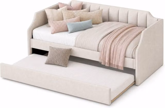 Letto divano singolo 90×200 cm con letto estraibile 90×190 cm, senza materasso, in lino di cotone beige