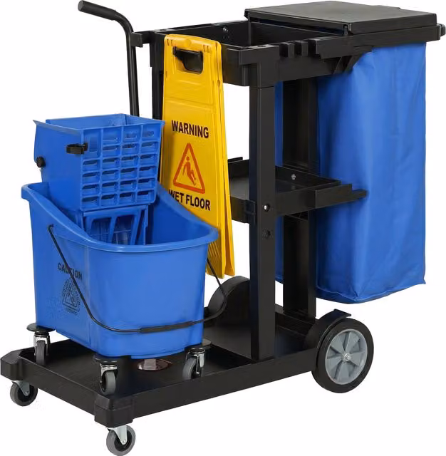 Carrello per pulizie mobile HOMCOM con 3 ripiani, sacco da 70L e secchio con strizzatore, blu