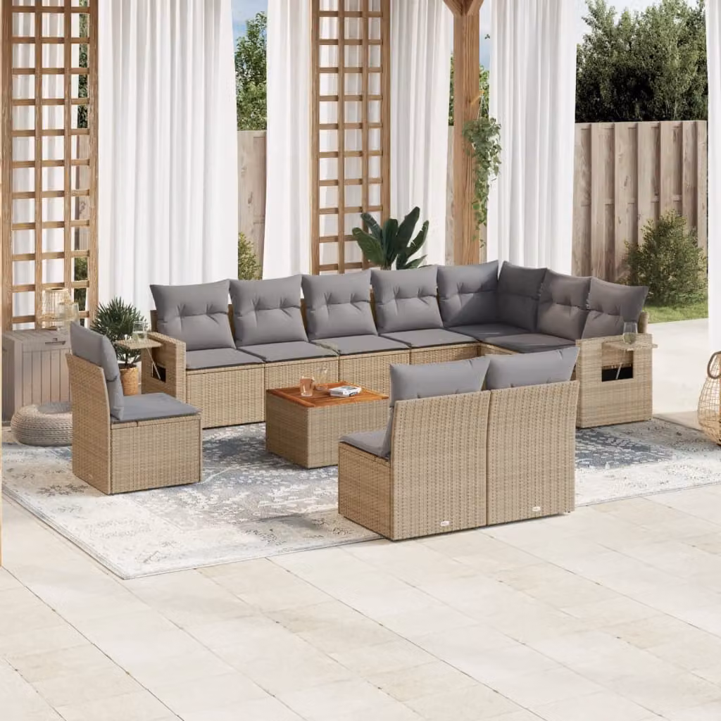 Set di divani da giardino vidaXL 11 pz in polyrattan con cuscini beige e tavolino da esterno a forma di L – 1