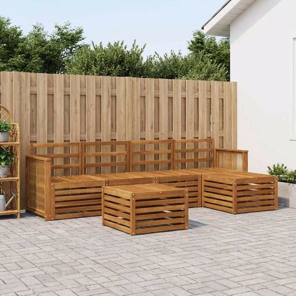 Set di divani da esterno vidaXL a forma di L in legno di acacia con tavolino e pouf, 6 pezzi, marrone e beige
