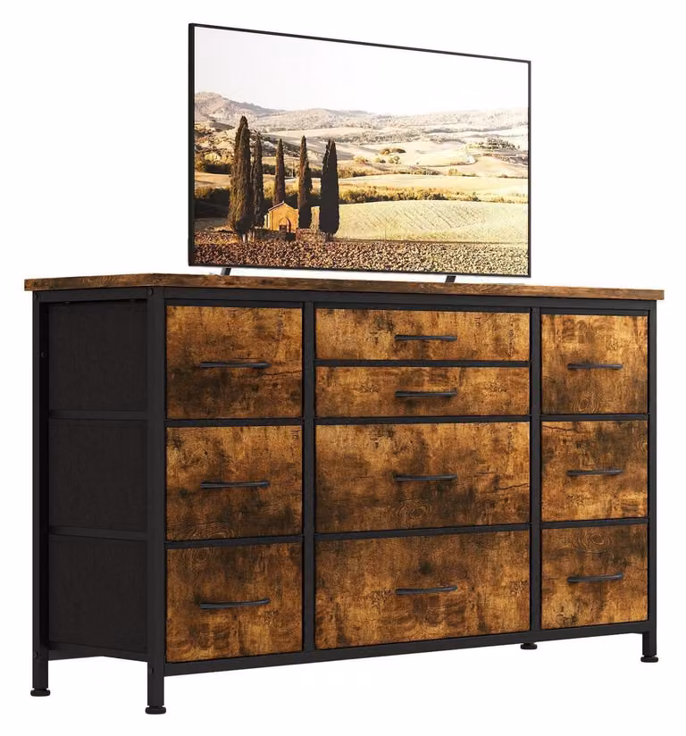 Comodino con 10 cassetti imbottiti e 3 prese di corrente, mobile TV, mobiletto portaoggetti per ingresso, 121 cm, colore marrone