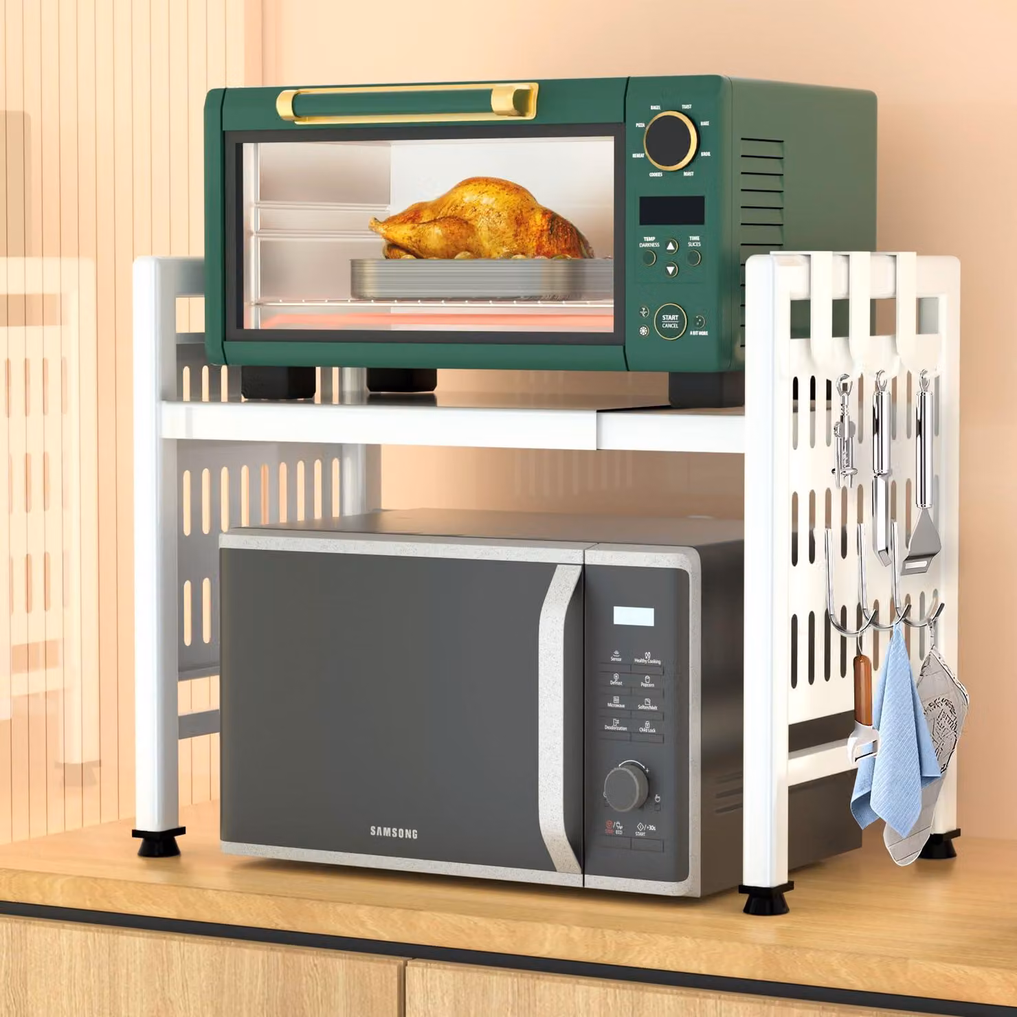 Ripiano regolabile per fornetti a microonde, da 40 a 64 cm, a 2 livelli, con ganci, per la cucina