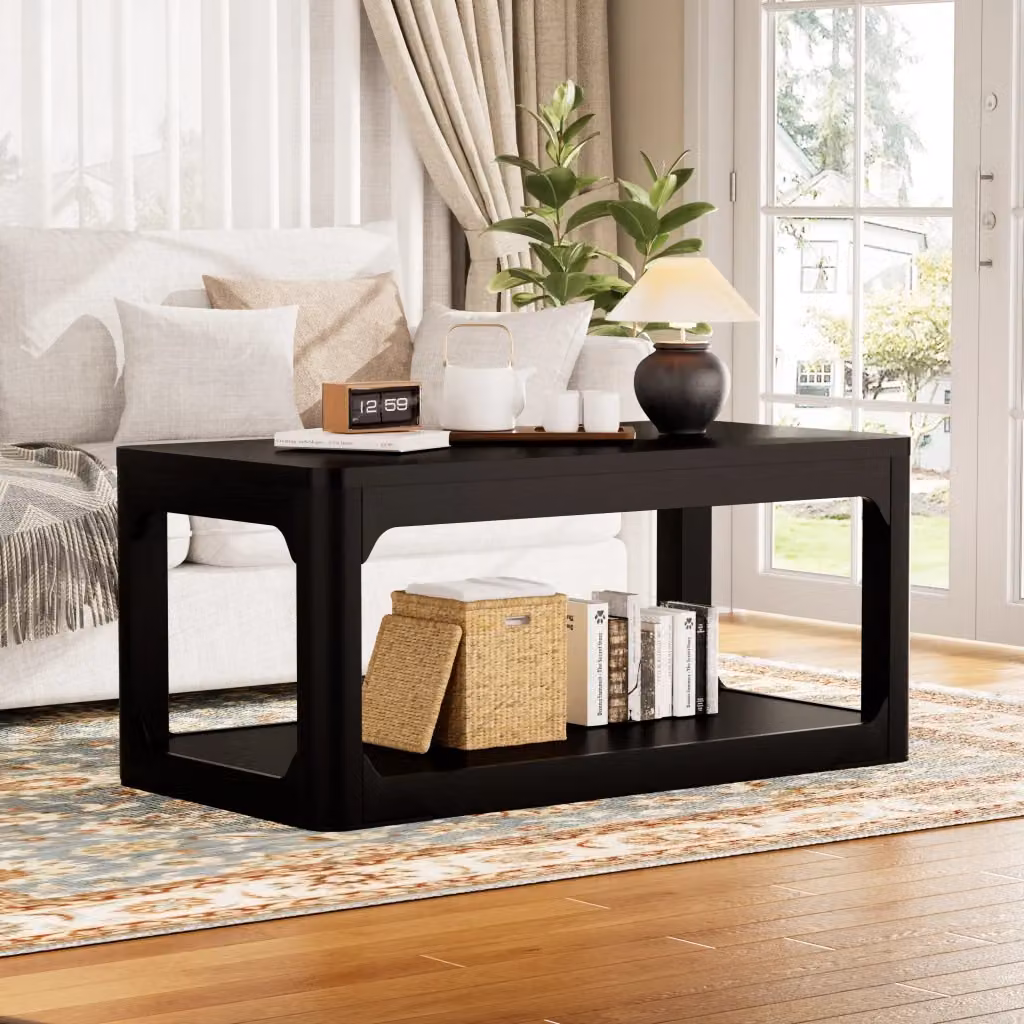 Tavolino da caffè REDOM nero con doppio ripiano in MDF, L 100 cm x P 50 cm x H 44,5 cm – 2