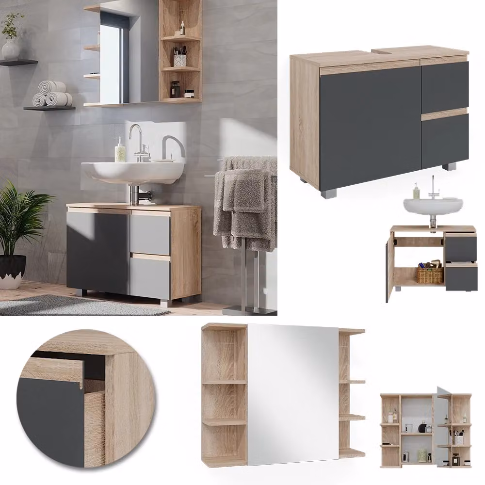 Set mobili bagno Vicco J-Shape Sonoma in 2 pezzi color beige opaco con base lavabo e pensile specchio – 2