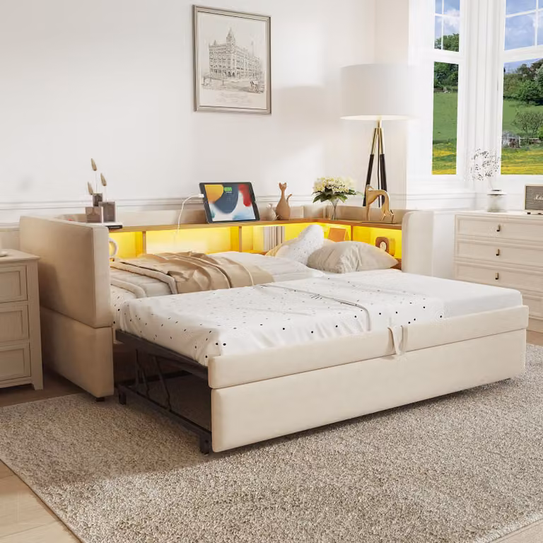 STILVORA Divano letto 90/180×190 cm, letto imbottito con letto estraibile e luci a LED, divano letto con prese elettriche, tessuto in velluto, beige (senza materasso)