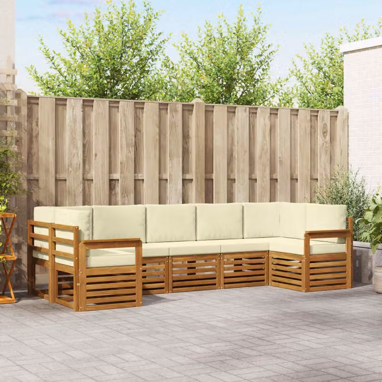 vidaXL Set di divani da esterno a L in legno di acacia con cuscini, 7 pezzi, Beige e Marrone