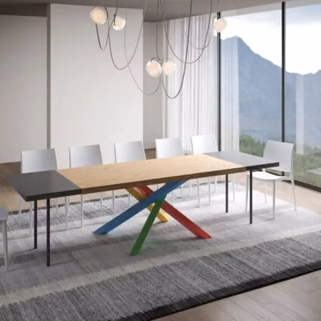 Tavolo allungabile Itamoby in legno di rovere con bordo live edge e gambe a X in metallo, L: 180/280 cm, P: 90 cm, H: 75 cm