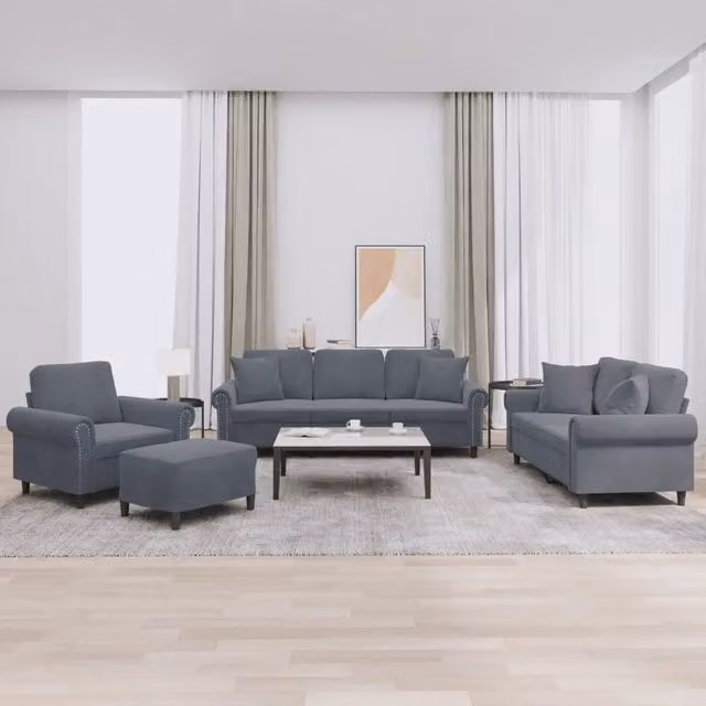 Set di divani moderno vidaXL in velluto grigio composto da divano a 3 posti, divano a 2 posti, pouf e cuscini decorativi