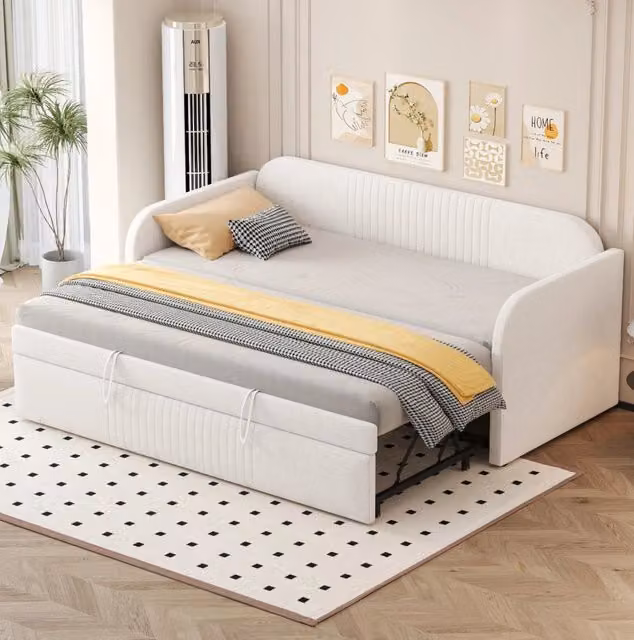 Divano letto imbottito ULEVR 90x190/180x190 cm estensibile con rete a doghe, rivestimento in lino beige