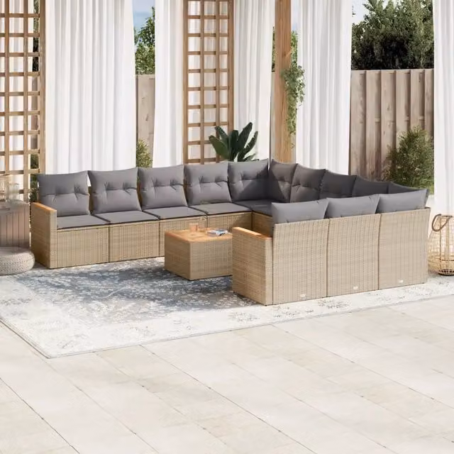 Set di divani da giardino VIDAXL a forma di U in polyrattan con cuscini beige, 12 posti