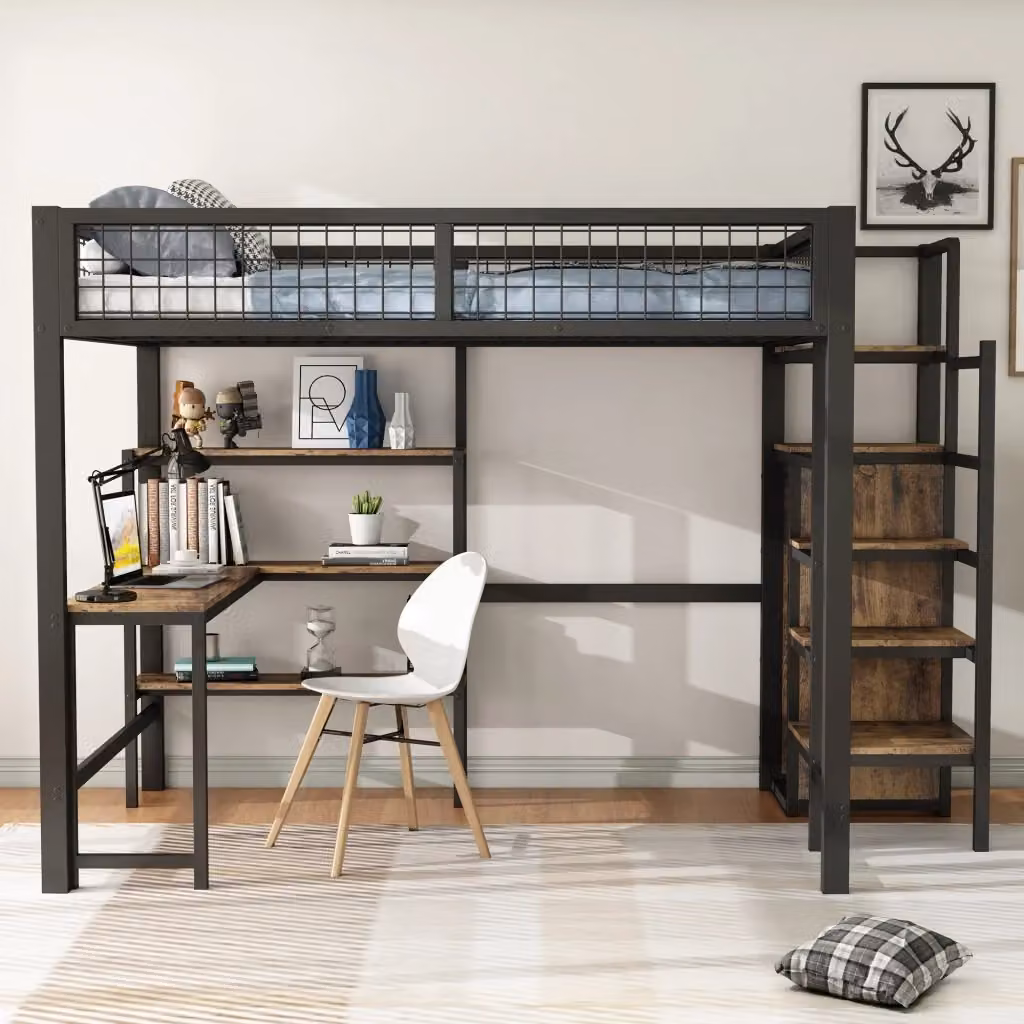Letto a soppalco matrimoniale in stile industriale con scala, scomparti laterali e finitura opaca, colori nero e marrone, L/P/H: 200 x 140 x 180 cm – 2