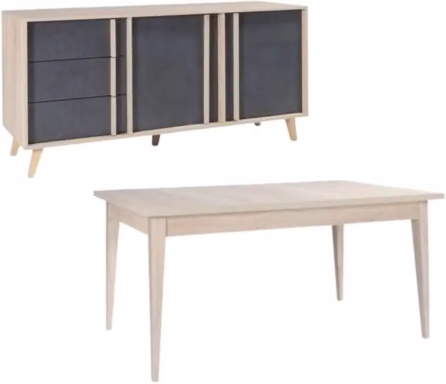 Sala da pranzo completa MALMO con tavolo allungabile 180-220 cm e buffet 165 cm – Rovere chiaro e grigio
