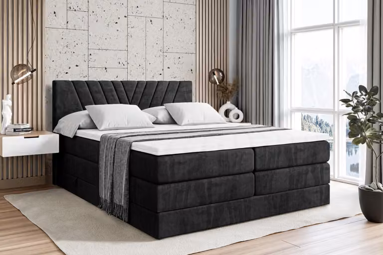 Letto boxspring ALTDECOR con 2 materassi e topper - 120x200 cm - ERNINA KING - Velluto nero - Letto imbottito con materassi H3 e H4, contenitore e rete a doghe, letto con spazio contenitivo