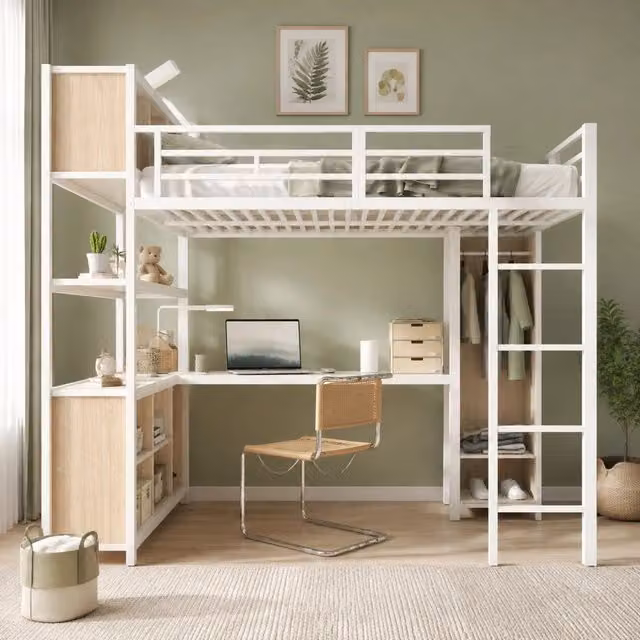 Letto a soppalco Mivray bianco con scrivania armadio e vani contenitore in metallo e legno L/P/H: 200 x 140 x 234 cm