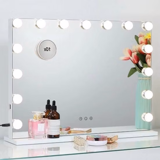 Specchio per Trucco con Illuminazione - 44,5 x 58 cm - Senza Bordeggio - 15 Lampade LED - Con 3 Livelli di Luce - Bianco