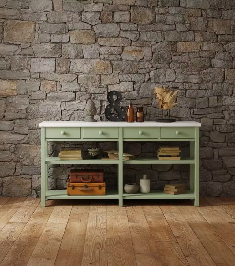 Bancone shabby chic in legno massello di abete con 4 cassetti e 2 ripiani Mobili 2G verde L: 200 cm, P: 50 cm, H: 105 cm