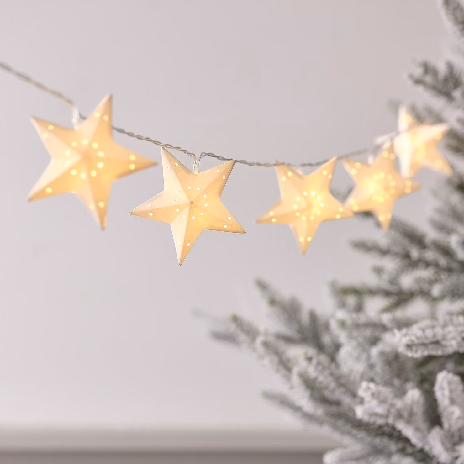 Catena luminosa di carta con 10 LED bianco caldo, timer, lunghezza 1,8 metri, a forma di stelle