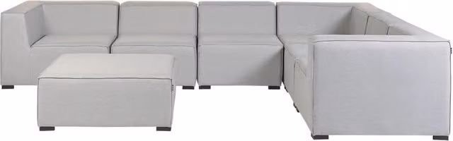 Set divano ad angolo BELIANI da 7 posti per interni ed esterni, modello a L con ottomana sinistra, rivestimento in tessuto grigio resistente ai raggi UV e struttura in acciaio verniciato a polvere