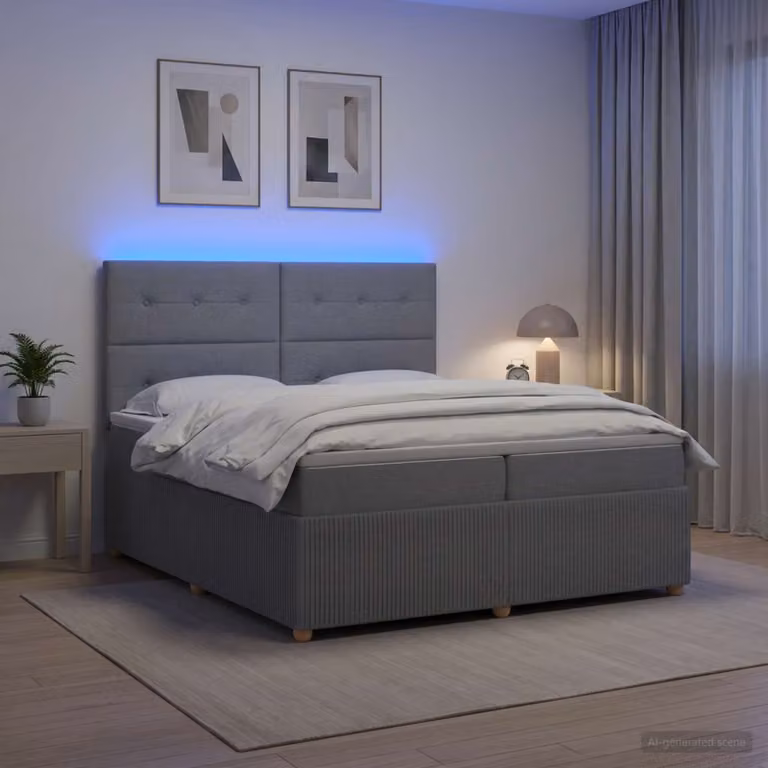 Letto Box Spring vidaXL con Materasso Ibrido e Illuminazione LED sotto il letto, Grigio e Bianco, 200 x 200 cm