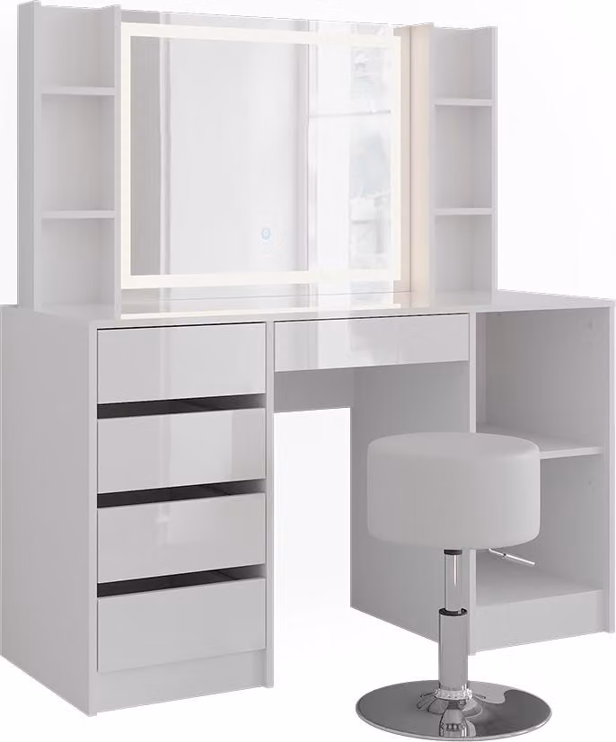 Tavolo da toeletta Vicco Sherry Bianco/Bianco lucido 128.2 cm con specchio LED e sgabello, Model 57632