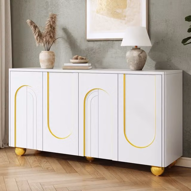 Credenza, mobile contenitore, ante con decorazioni ad arco in filo d’oro, piedini metallici sferici, bianco