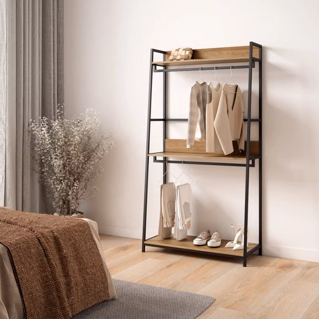 Appendiabiti industriale Hispanohogar con stendibiancheria e ganci, finitura rovere e grafite, H: 176 cm, L: 84 cm, P: 40 cm – 2