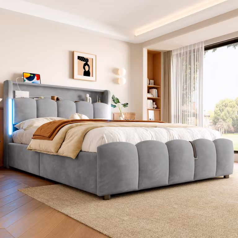 Letto imbottito STILVORA 140x200 con contenitore e testiera con vano portaoggetti, struttura letto con vano portaoggetti e illuminazione a LED, letto per ragazzi con porte USB e Type-C, velluto, grigio (con materasso)