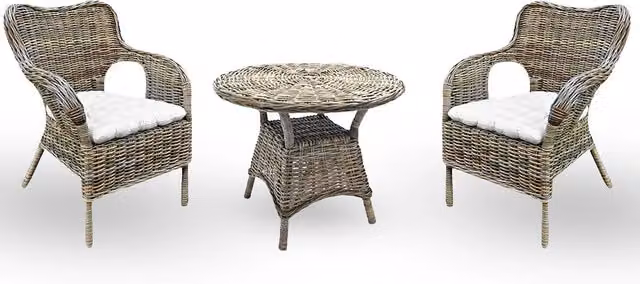Set di 2 poltrone con 1 tavolino Kariba in rattan grigio con cuscini in omaggio