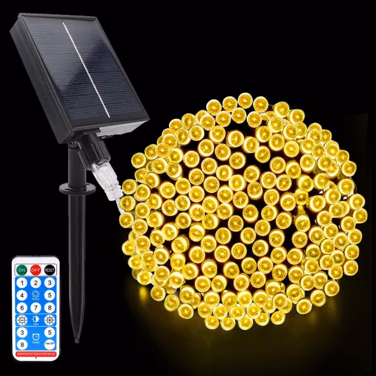 Catena luminosa solare da 20 metri, 200 LED, luce bianco caldo, grado di protezione IP65, 8 modalità, con telecomando
