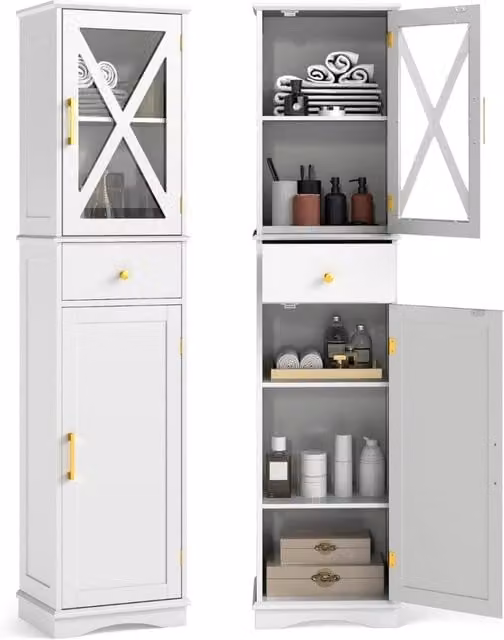 Armadio da bagno alto con cassetto per soggiorno e ufficio, Armadietto stretto in legno per cucina Bianco