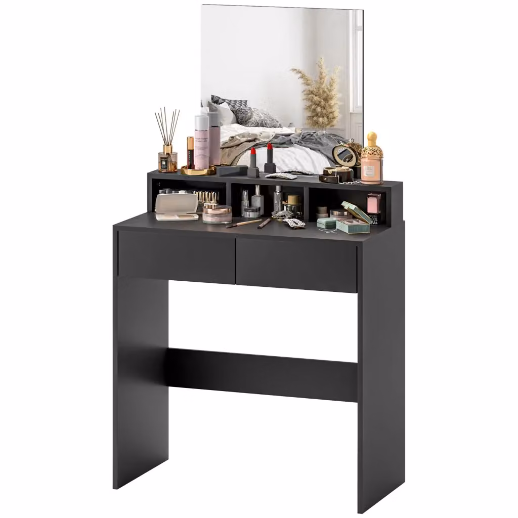 Tocador Minimal con specchio, 2 cassetti e 3 scompartimenti, Nero opaco, L/P/H: 75 x 38 x 135 cm – 2