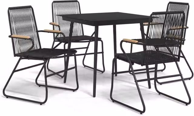 Set da pranzo da giardino moderno in polyrattan nero con tavolo in vetro e sedie in teak per 5 persone