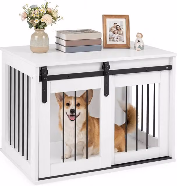 Gabbia per cani con porta scorrevole e struttura in metallo, Gabbia per animali da interno con ampio piano superiore Bianco
