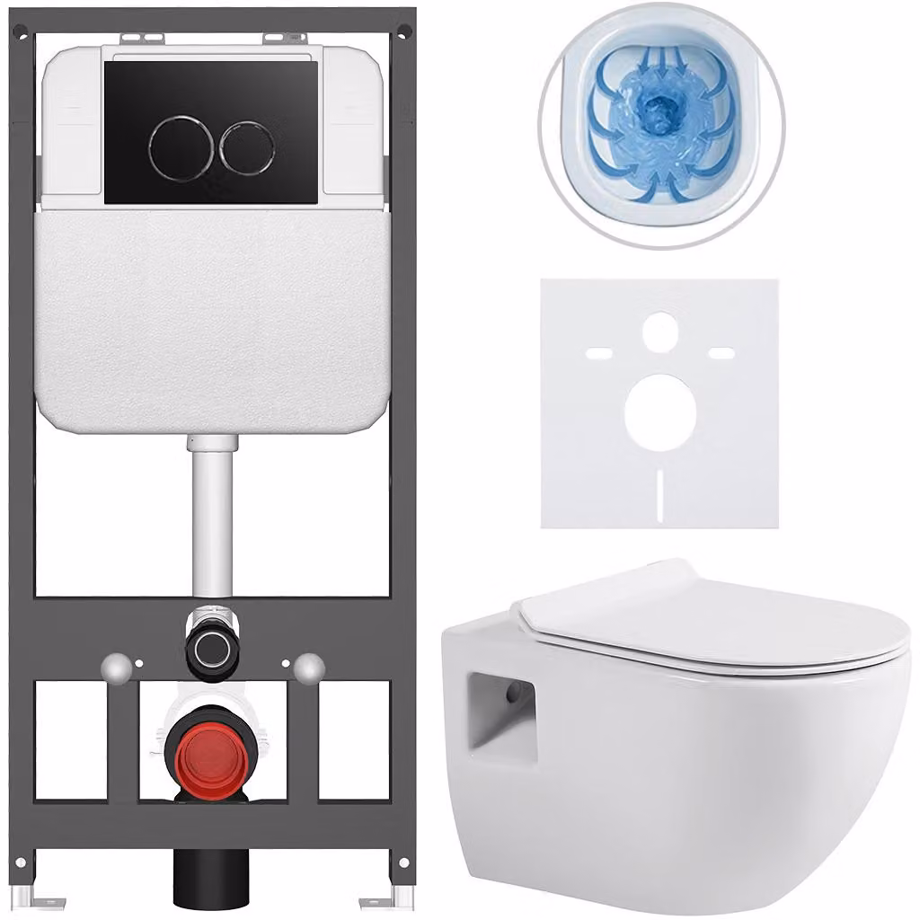 Set completo per WC sospeso Dure, bianco lucido, con pulsante Prime/Duoalo nero, dimensioni 51x35 cm, da installare a parete dietro una parete in cartongesso