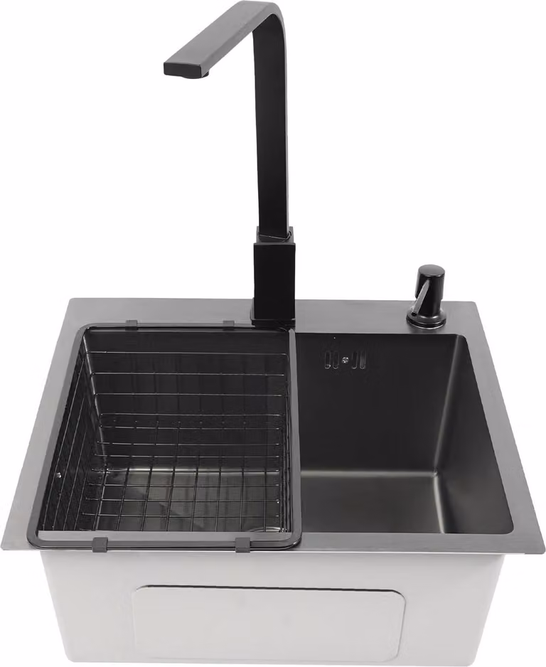 Lavello da cucina - Lavello da appoggio a vasca singola - Dimensioni 45×40 cm - Acciaio inox 201 - Rettangolare - Con rubinetto e piletta - Nero
