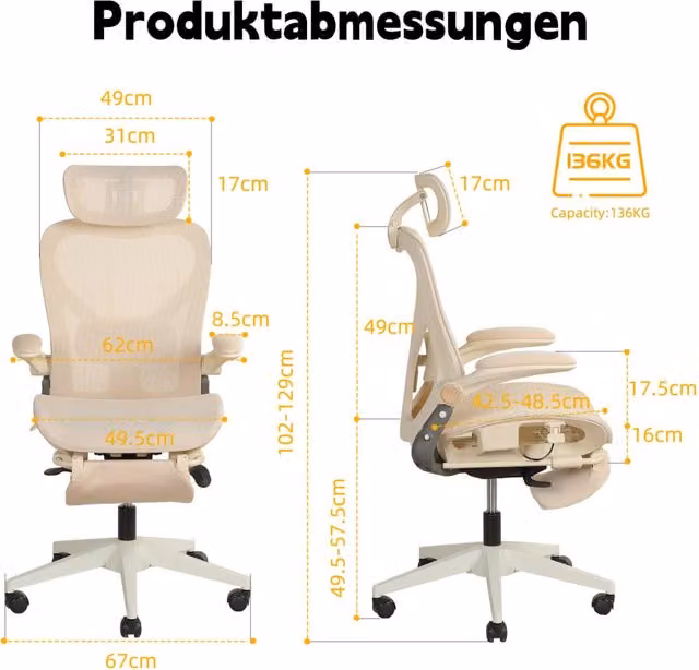 Sedia da ufficio ergonomica pieghevole 62x48,5x129 cm avorio