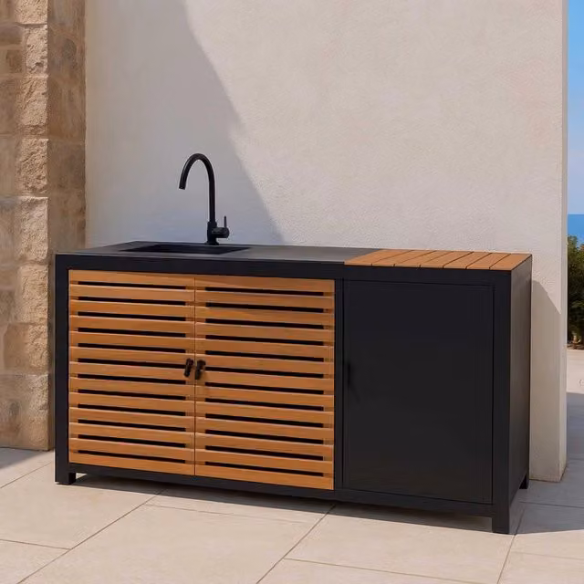 Mobile Cucina Idaho Vacchetti in Alluminio con Teak e Pietra Sinterizzata Antracite L: 180 cm, P: 65 cm, H: 90 cm