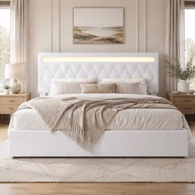 Letto imbottito bianco 180x200 cm con meccanismo idraulico, illuminazione ambientale RGB e porta USB