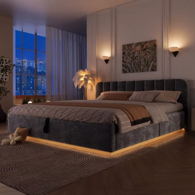 Letto matrimoniale imbottito 180x200 cm con contenitore idraulico e rete a doghe; ciniglia antracite