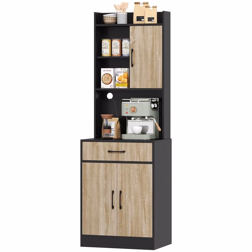 Mobile da cucina e soggiorno Minimal con ripiani aperti e cassetti, Legno naturale e Nero, Profondità: 40 cm – 2