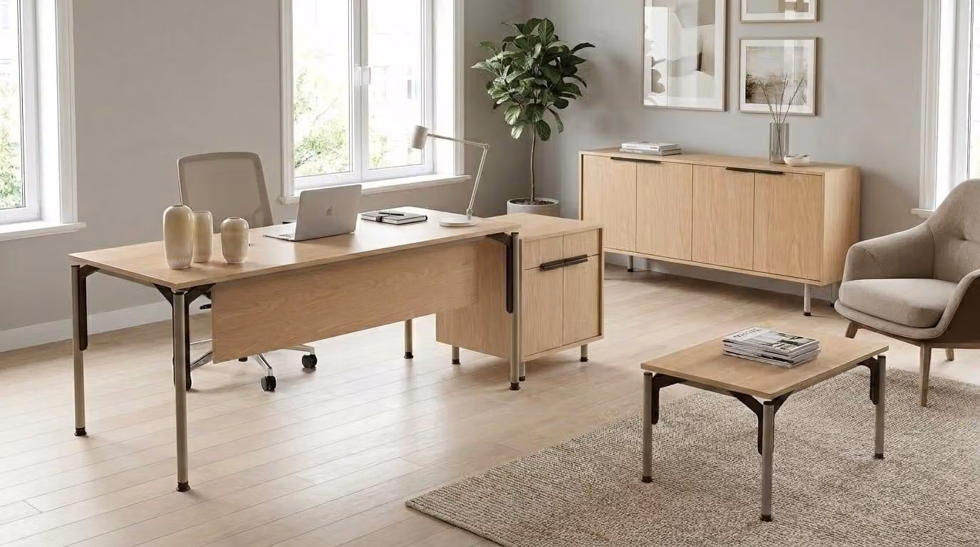 Set da ufficio: scrivania, mobiletto, cassettiera, tavolino da caffè, legno color beige